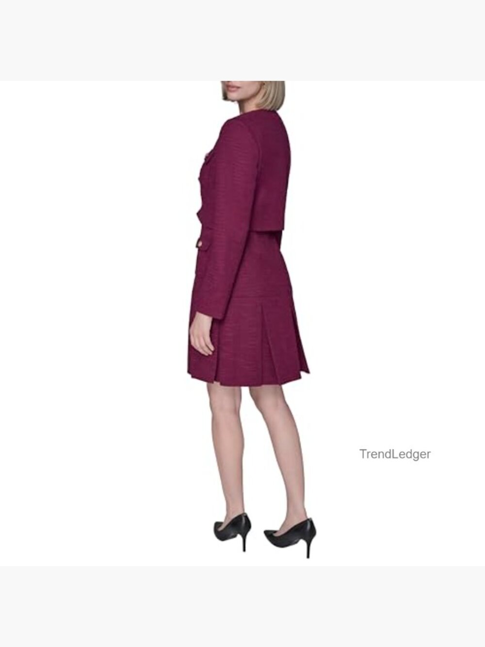 Tweed Cropped Blazer with Pockets Long Sleeve Stretch Texture - Picture 4 of 5